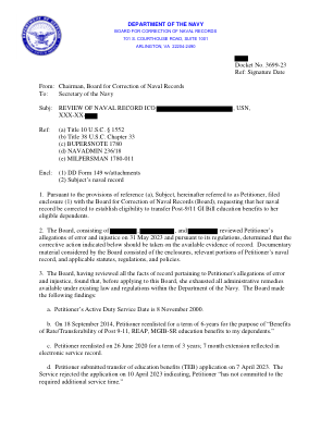 发件人：海军记录修正委员会主席 收件人：海军部长 主题：审查海军记录 ICO，USN，XXX-XX- 编号：(a) T